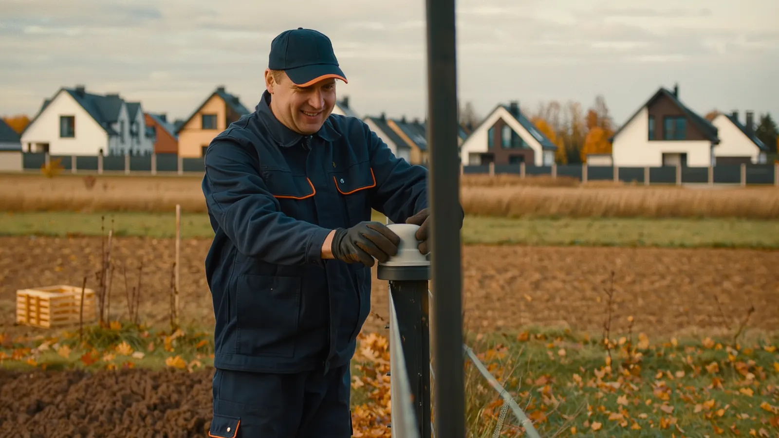 Technik 1HPest jesienią sprawdza ogrodzenie posesji od strony pola, skąd gryzonie podchodzą do domu