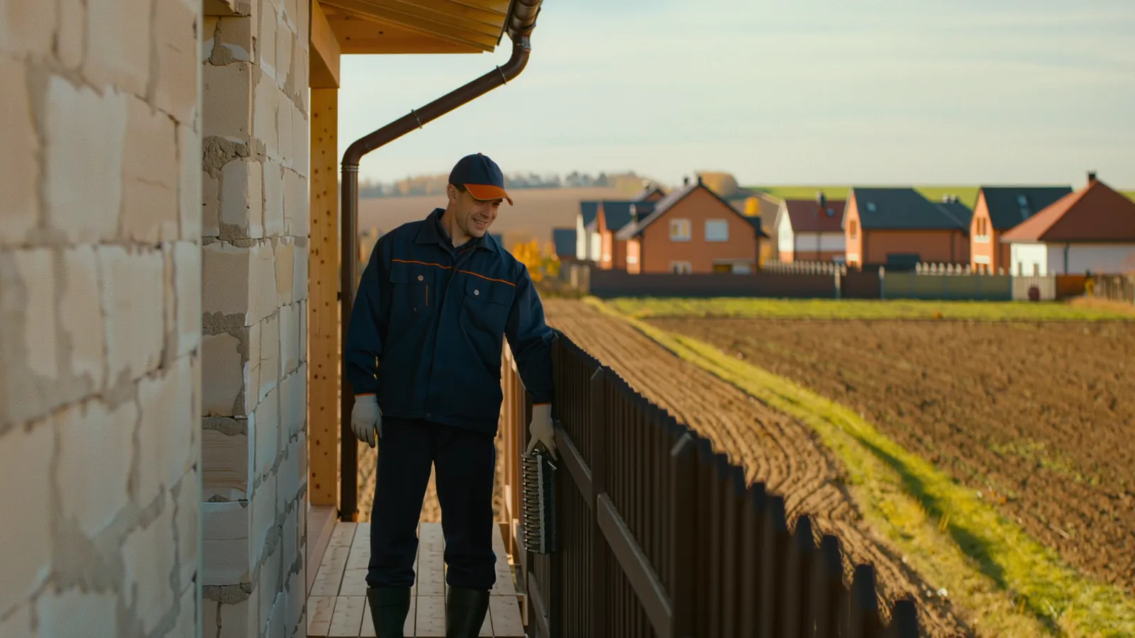 Technik 1HPest jesienią przy nowym domu na skraju pola — tędy myszy i szczury podchodzą do budynków