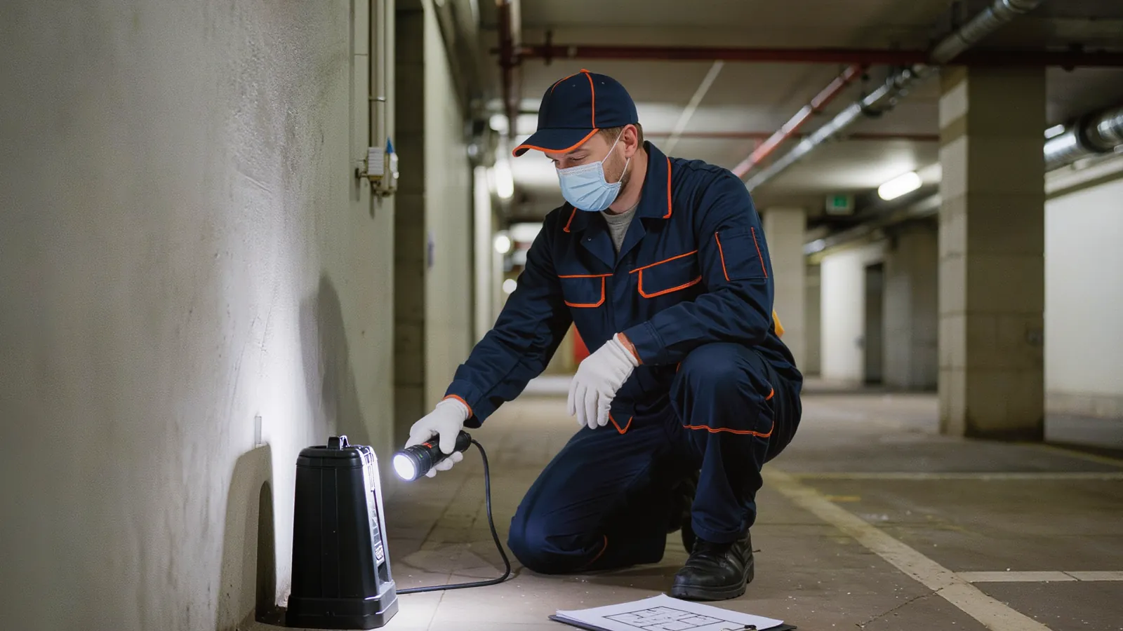 Technik 1HPest z latarką sprawdza stację deratyzacyjną przy ścianie piwnicy budynku wielorodzinnego