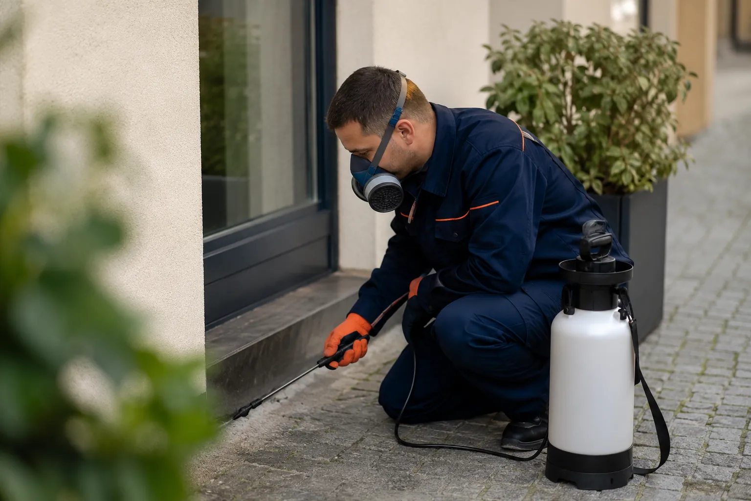 Technik 1HPest w półmasce wykonuje oprysk residualny przy elewacji budynku — dezynsekcja we Wrocławiu