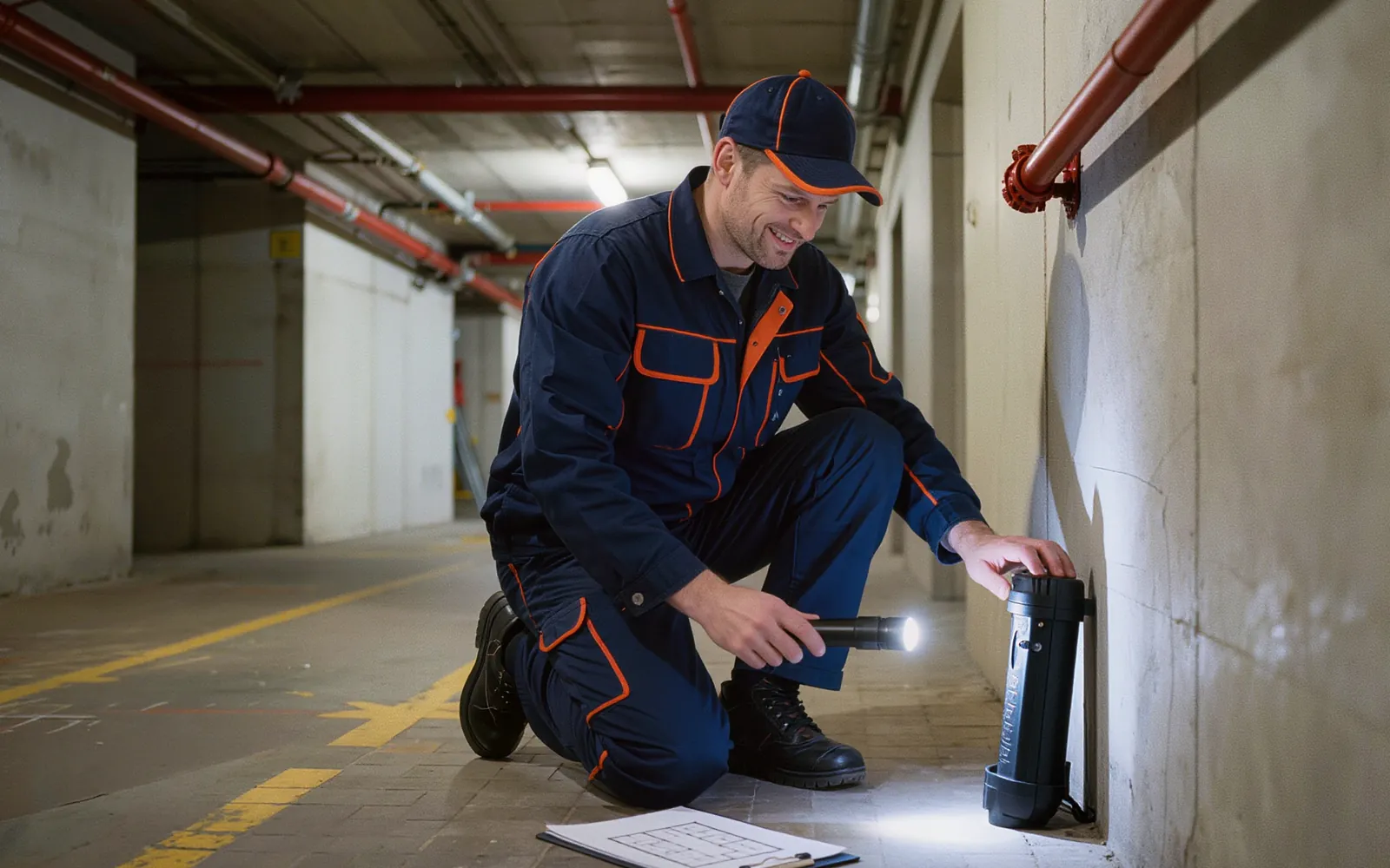 Technik 1HPest kontroluje zamkniętą stację deratyzacyjną przy ścianie garażu podziemnego, obok leży mapka stacji