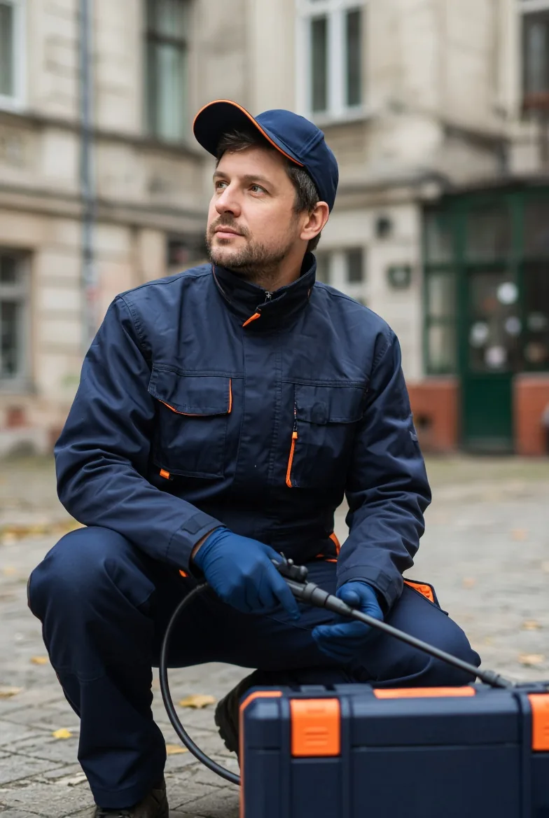 Technik DDD 1HPest w granatowym uniformie z opryskiwaczem i skrzynią sprzętu przed kamienicą we Wrocławiu