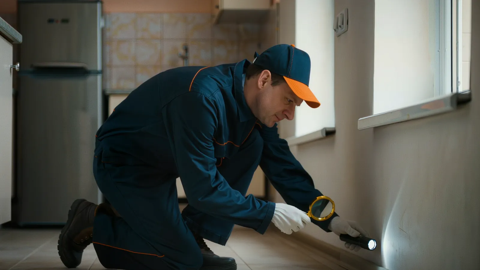 Technik 1HPest z latarką i lupą sprawdza listwę przypodłogową w kuchni w poszukiwaniu śladów prusaków